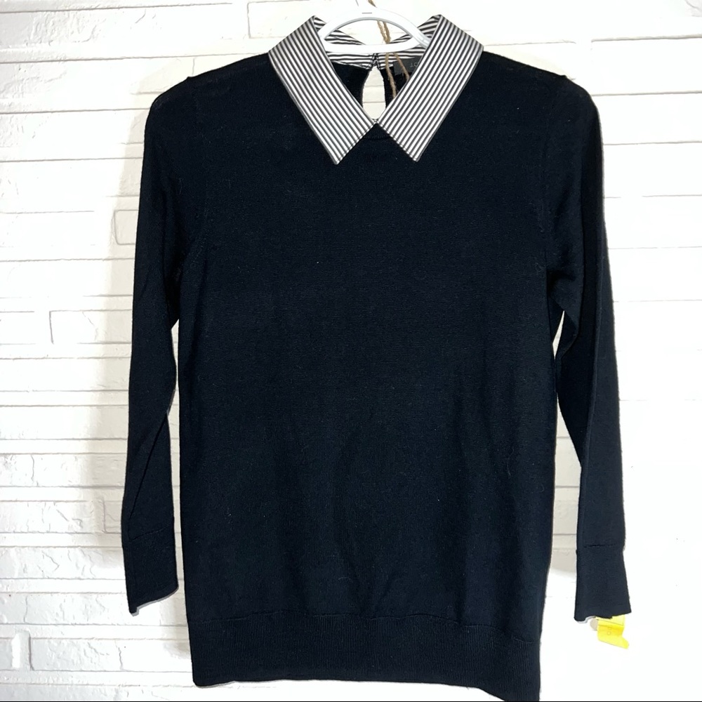 J. CREW Black Striped Collar 100% Merino Wool Sweater